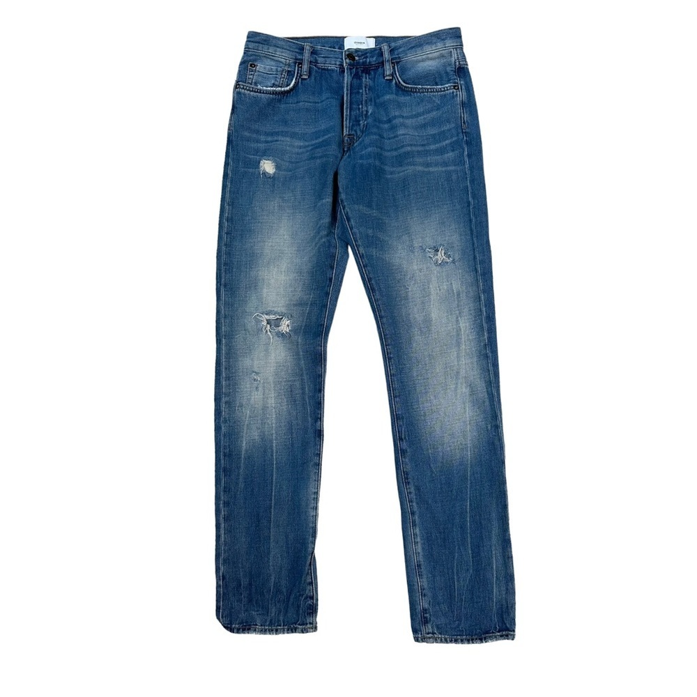ODAVIA Light Wash Distressed Straight Leg Taper Jeans  30 X 31  Button Fly